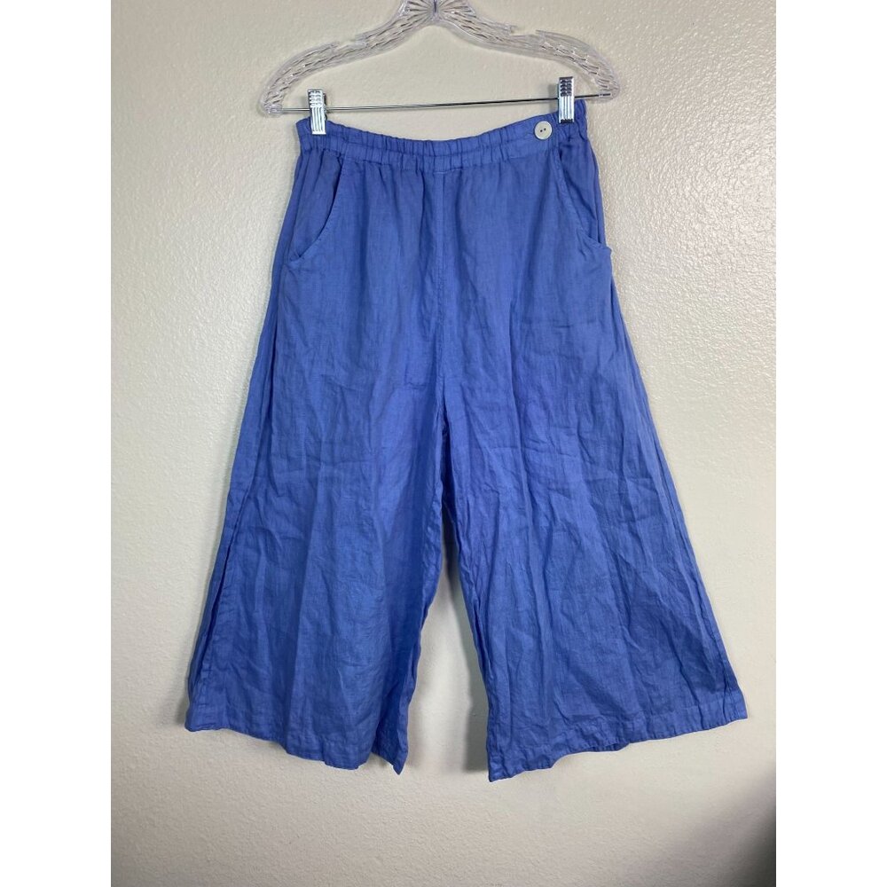 Yacco Maricard Blue Wide Leg 100% Linen Crop Pants size 1 Lagenlook Palazzo Boho